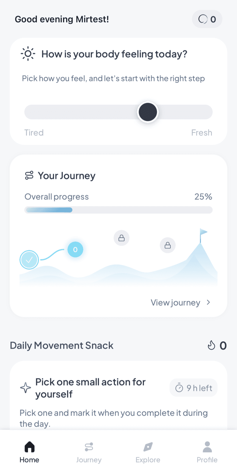 Fasya home screen: the question "How does your body feel today?", a slider between tired and energised, and the day's movement plan
