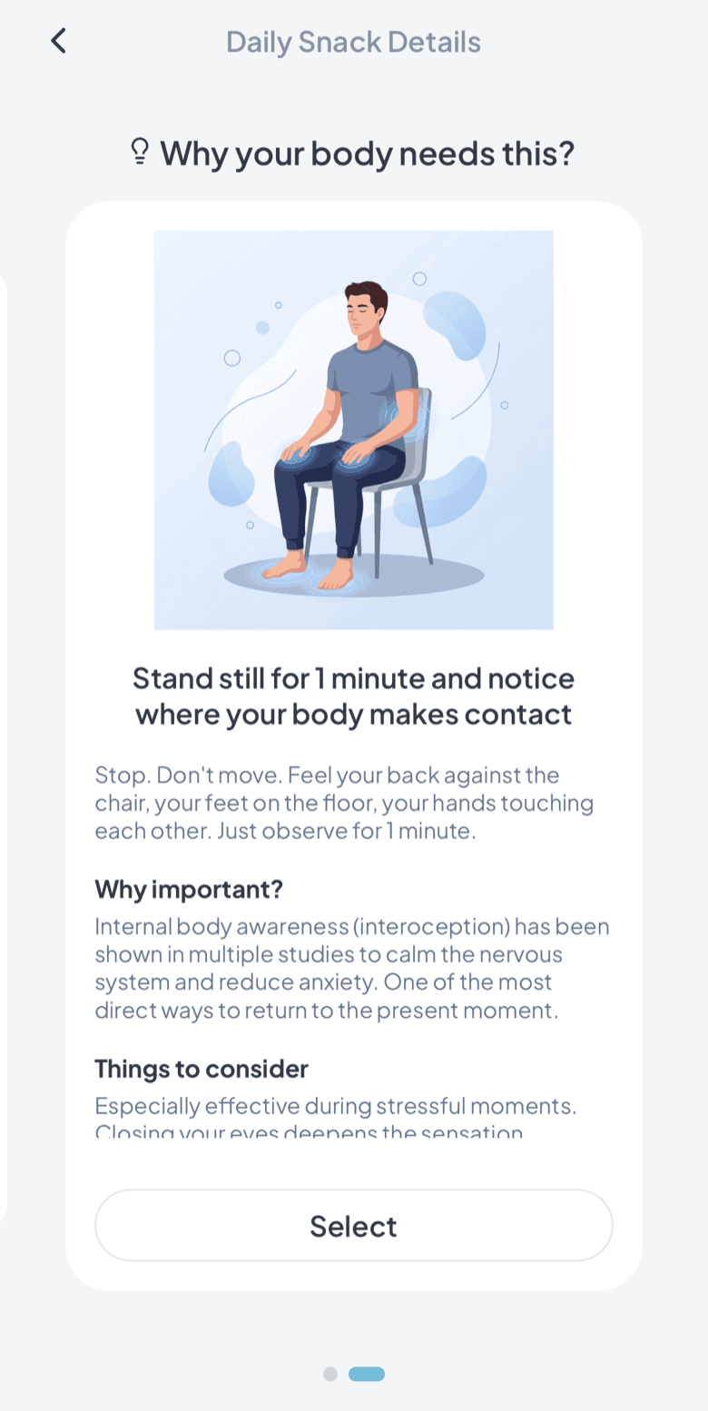 Movement snack detail in Fasya: stand still for one minute and notice where your body makes contact