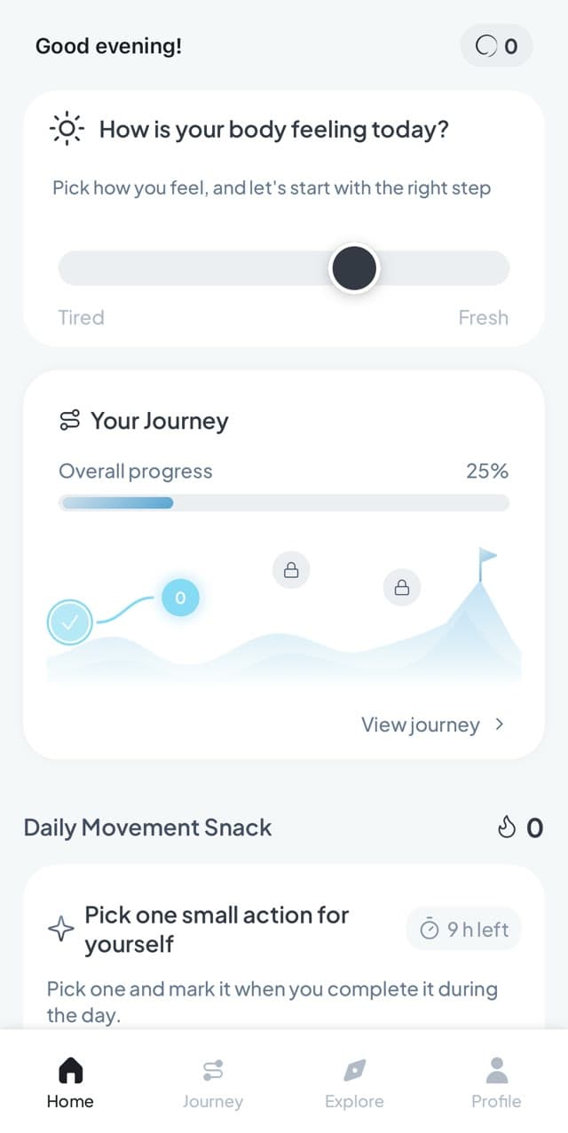 Fasya app home screen: How is your body feeling today?