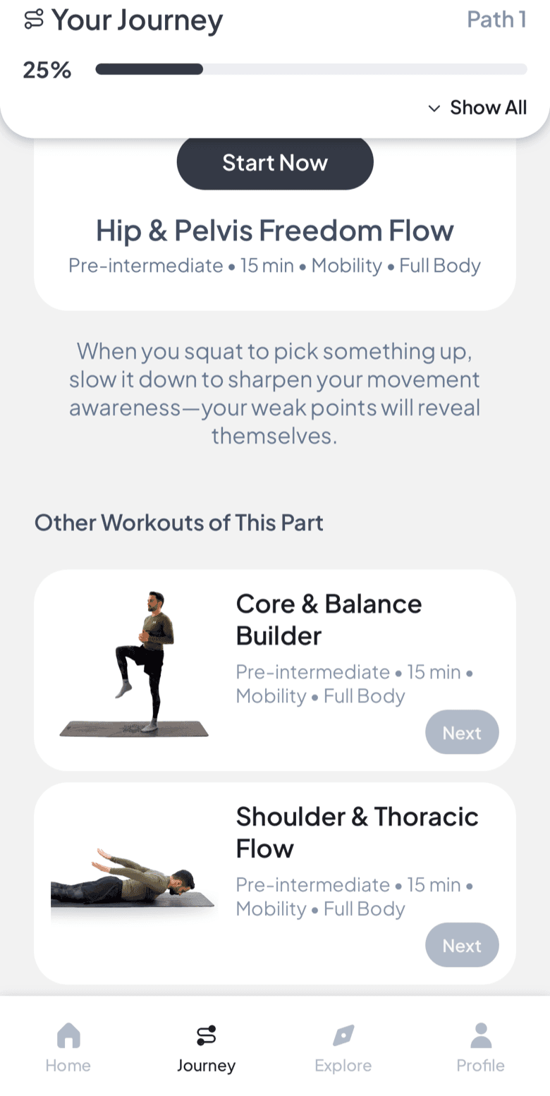A part of Fasya's Personal Journey: the Hip & Pelvis Freedom Flow workout with the connected Core & Balance Builder and Shoulder & Thoracic Flow workouts from the same part